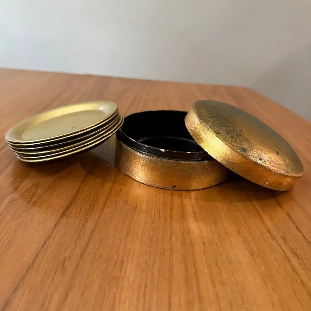 Coaster Set of 6 Gold Tone Metal Aged Patina Black Lacquer Round Wood Box Japan
